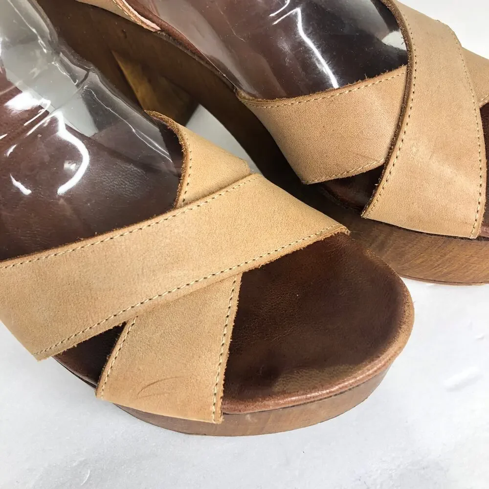 Anthropologie Musse & Cloud Sandal Platform Wood Heel Tan Leather Cross Strap 39
